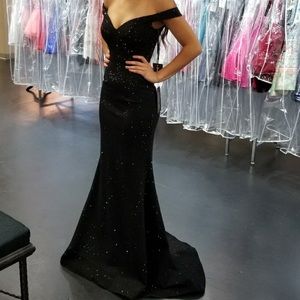 Off the shoulder black shimmer mermaid prom dress